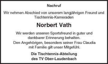Traueranzeige von Norbert Vath von Trauerportal Echo Online