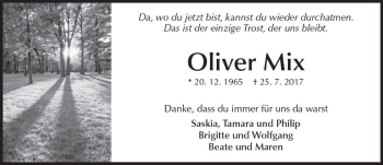 Traueranzeige von Oliver Mix von Trauerportal Rhein Main Presse