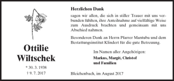 Traueranzeige von Ottilie Wiltschek von  Kreisanzeiger