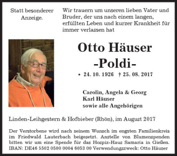 Traueranzeige von Otto Häuser von  Gießener Anzeiger