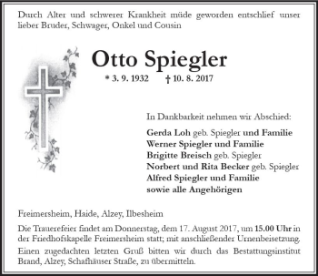 Traueranzeige von Otto Spiegler von Trauerportal Rhein Main Presse
