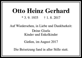 Traueranzeige von Otto Heinz Gerhard von  Gießener Anzeiger