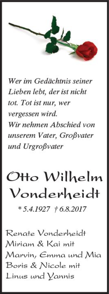 Traueranzeige von Otto Wilhelm Vonderheidt von  Kreisanzeiger