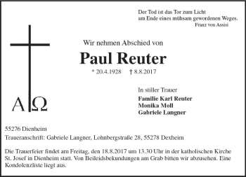 Traueranzeige von Paul Reuter von Trauerportal Rhein Main Presse