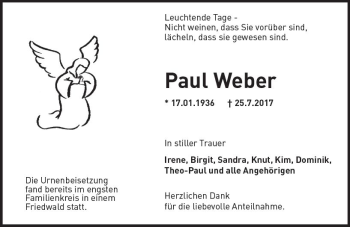 Traueranzeige von Paul Weber von Trauerportal Rhein Main Presse