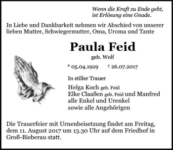 Traueranzeige von Paula Feid von Trauerportal Echo Online