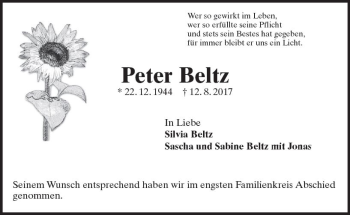 Traueranzeige von Peter Beltz von Trauerportal Rhein Main Presse