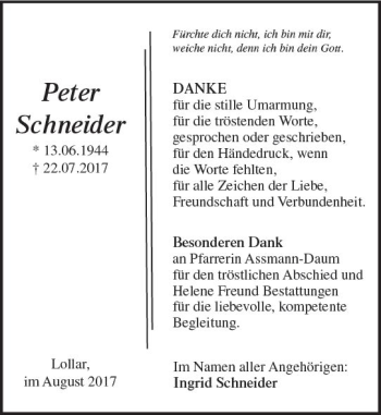 Traueranzeige von Peter Schneider von  Gießener Anzeiger