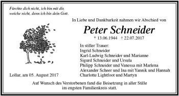 Traueranzeige von Peter Schneider von  Gießener Anzeiger