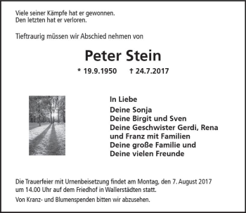 Traueranzeige von Peter Stein von Trauerportal Echo Online
