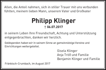 Traueranzeige von Philipp Klinger von Trauerportal Rhein Main Presse