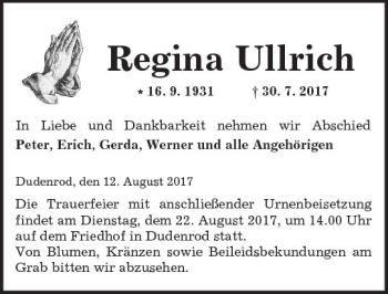 Traueranzeige von Regina Ullrich von  Kreisanzeiger