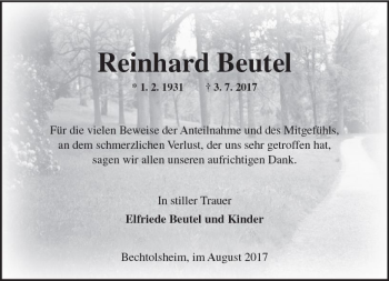 Traueranzeige von Reinhard Beutel von Trauerportal Rhein Main Presse
