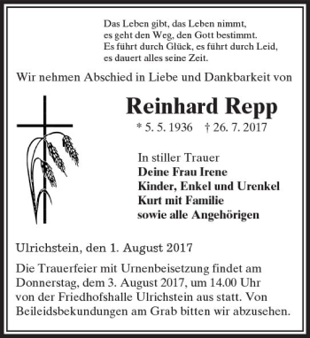 Traueranzeige von Reinhard Repp von VRM Trauer