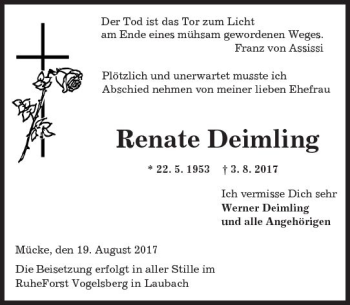 Traueranzeige von Renate Deimling von  Gießener Anzeiger