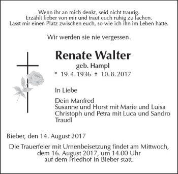 Traueranzeige von Renate Walter von  Gießener Anzeiger