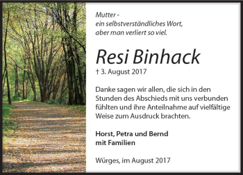 Traueranzeige von Resi Binhack von  Camberger Anzeiger