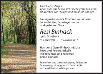 Traueranzeige von Resi Binhack von  Camberger Anzeiger