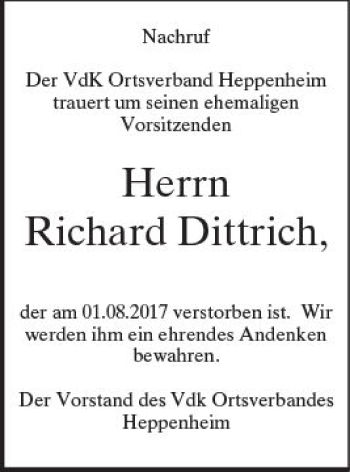 Traueranzeige von Richard Dittrich von Trauerportal Echo Online