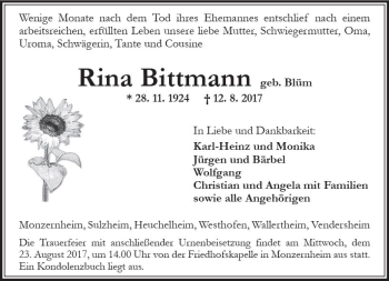 Traueranzeige von Rina Bittmann von Trauerportal Rhein Main Presse