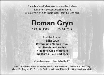 Traueranzeige von Roman Gryn von Trauerportal Rhein Main Presse