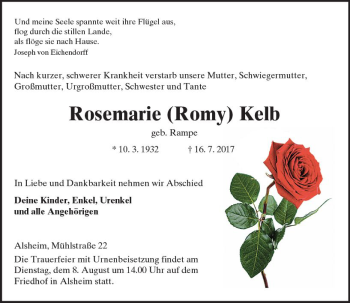 Traueranzeige von Rosemarie Kelb von Trauerportal Rhein Main Presse