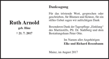 Traueranzeige von Ruth Arnold von Trauerportal Rhein Main Presse