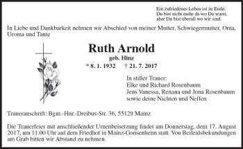 Traueranzeige von Ruth Arnold von Trauerportal Rhein Main Presse