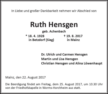 Traueranzeige von Ruth Hensgen von Trauerportal Rhein Main Presse