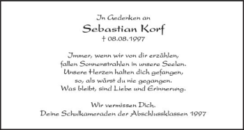Traueranzeige von Sebastian Korf von  Kreisanzeiger