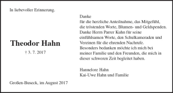Traueranzeige von Theodor Hahn von  Gießener Anzeiger