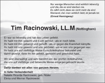 Traueranzeige von Tim Racinowski von Trauerportal Rhein Main Presse