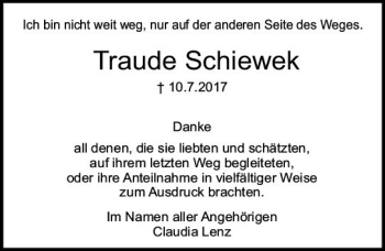 Traueranzeige von Traude Schiewek von Trauerportal Echo Online