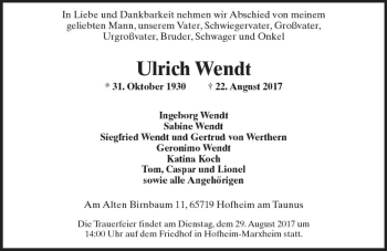 Traueranzeige von Ulrich Wendt von Trauerportal Rhein Main Presse