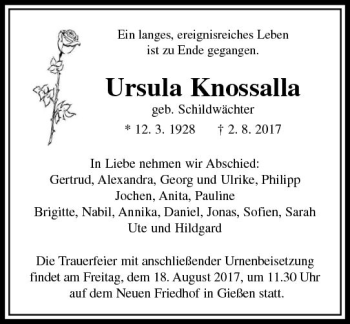 Traueranzeige von Ursula Knossalla von  Gießener Anzeiger