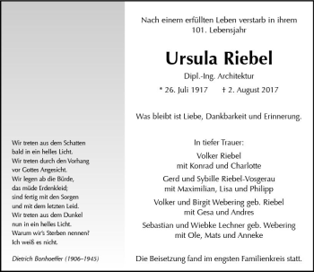 Traueranzeige von Ursula Riebel von  Gießener Anzeiger