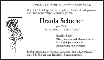 Traueranzeige von Ursula Scherer von Trauerportal Rhein Main Presse