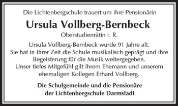 Traueranzeige von Ursula Vollberg-Bernbeck von Trauerportal Echo Online