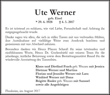 Traueranzeige von Ute Werner von Trauerportal Rhein Main Presse