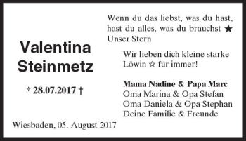 Traueranzeige von Valentina Steinmetz von Trauerportal Rhein Main Presse