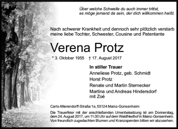 Traueranzeige von Verena Protz von Trauerportal Rhein Main Presse