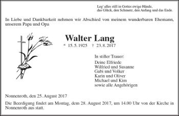 Traueranzeige von Walter Lang von  Gießener Anzeiger
