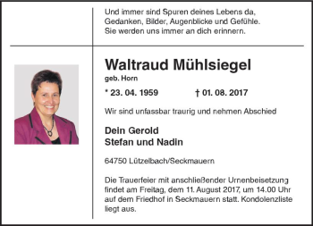 Traueranzeige von Waltraud Mühlsiegel von Trauerportal Echo Online
