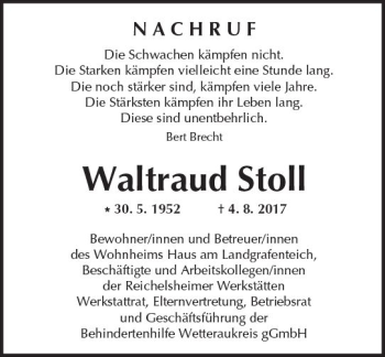Traueranzeige von Waltraud Stoll von  Kreisanzeiger