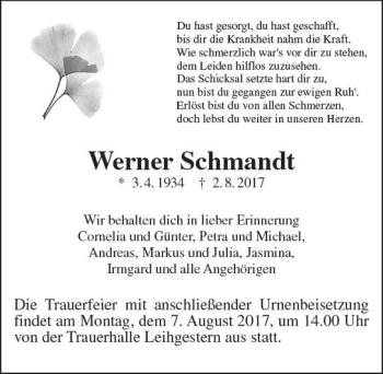 Traueranzeige von Werner Schmandt von  Gießener Anzeiger