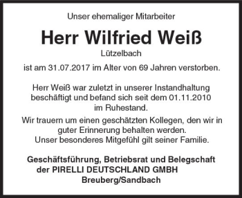 Traueranzeige von Wilfried Weiß von Trauerportal Echo Online