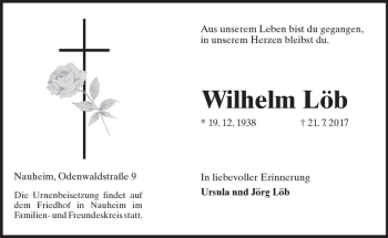 Traueranzeige von Wilhelm Löb von Trauerportal Rhein Main Presse