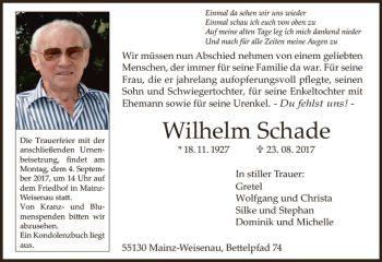 Traueranzeige von Wilhelm Schade von Trauerportal Rhein Main Presse
