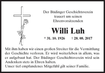 Traueranzeige von Willi Luh von  Kreisanzeiger