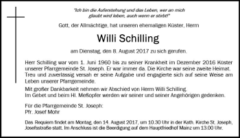 Traueranzeige von Willi Schilling von Trauerportal Rhein Main Presse